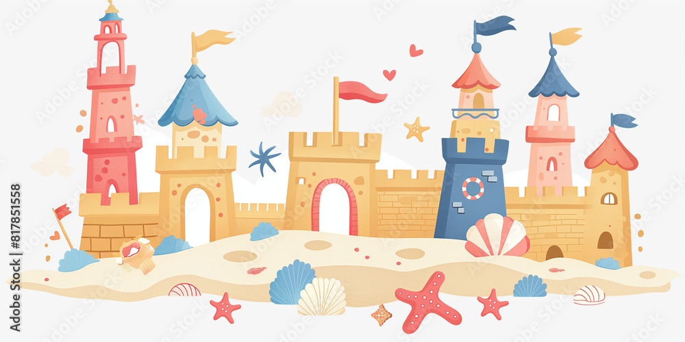 Obraz premium Colorful Sandcastle Illustration on Beach with Seashells and Starfish