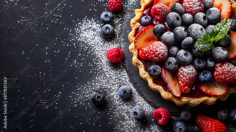 Berry tart with mint. Dark background. Copy space Berry tart with mint. Dark background. Copy space