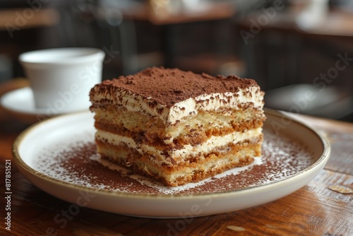 Wallpaper Mural Tiramisu: A slice of tiramisu with distinct layers of coffee-soaked ladyfingers and mascarpone cream, dusted with cocoa powder.  Torontodigital.ca
