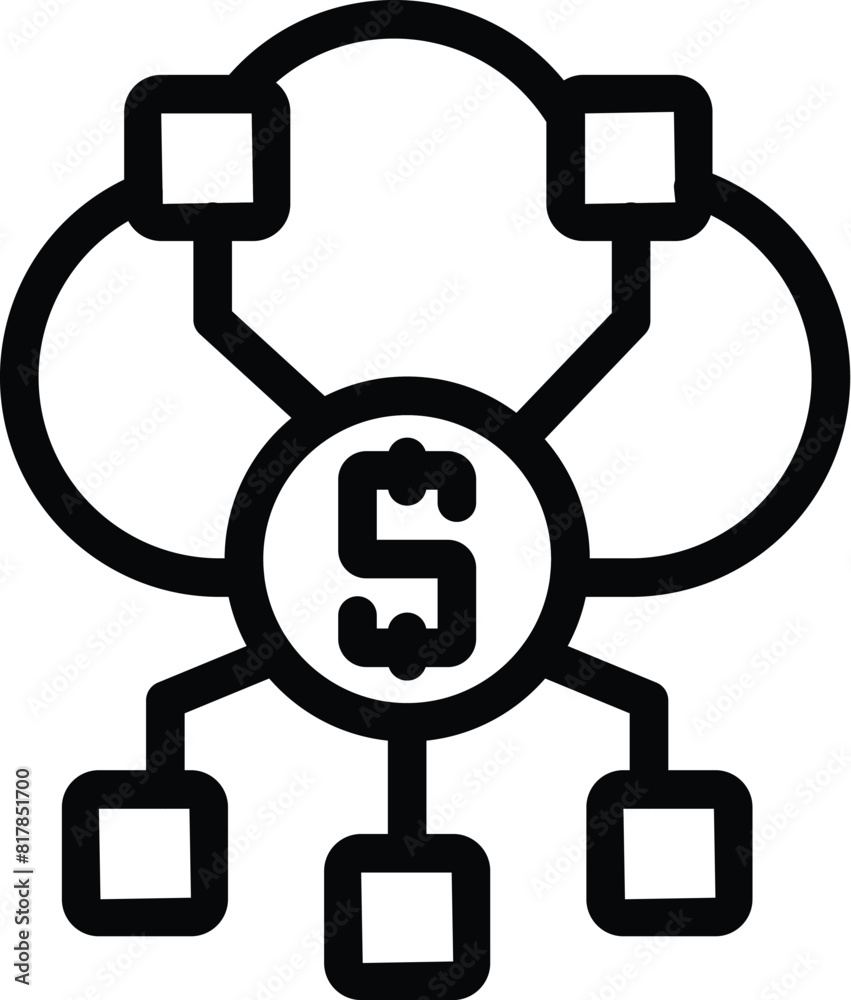 Simple black line icon representing a financial network with dollar sign and connections Simple black line icon representing a financial network with dollar sign and connections