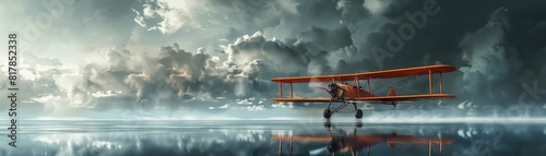 Design a minimalist representation of the Wright Brothers first flight, from a worms-eye view angle, showcasing the aircraft in a sleek and modern style