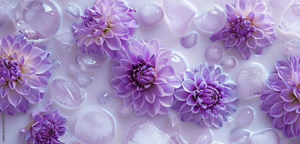 Regal purple dahlias freeze in milk, forming a vibrant pattern. Regal purple dahlias freeze in milk, forming a vibrant pattern.