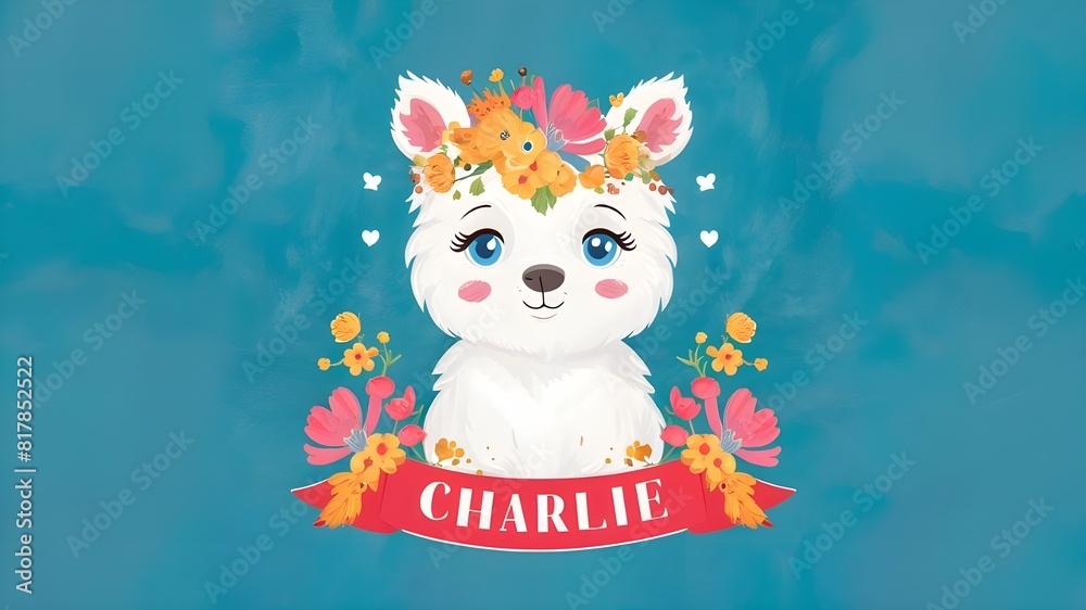 Fototapeta premium Cute Llama with Blue Eyes and Floral Charlie Name