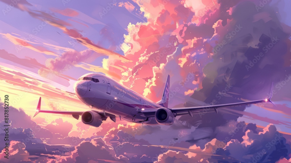 Evening flight of a passenger airplane on a background of beautiful sky Evening flight of a passenger airplane on a background of beautiful sky