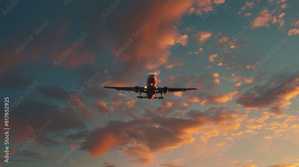 Evening flight of a passenger airplane on a background of beautiful sky Evening flight of a passenger airplane on a background of beautiful sky