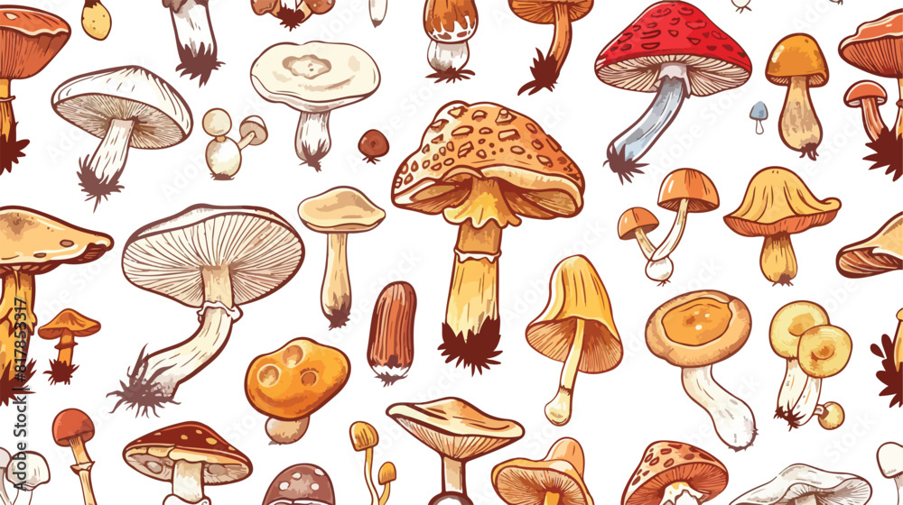 Different mushrooms seamless pattern. Hand drawn fung