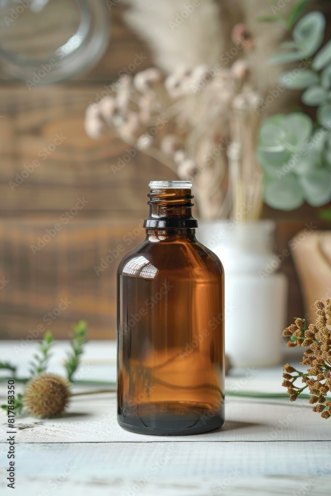 Essential Oil Bottle on Spa Towel with Tranquil Nature Backdrop Essential Oil Bottle on Spa Towel with Tranquil Nature Backdrop