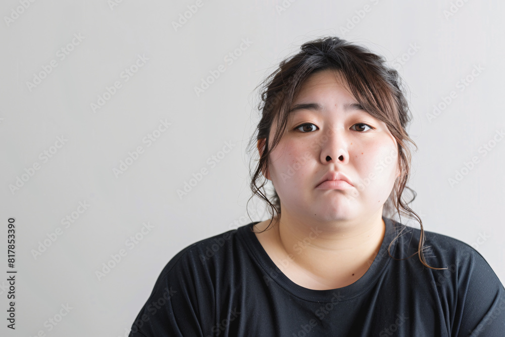 Unhappy Asian plus size woman in front of light gray background with copy space Unhappy Asian plus size woman in front of light gray background with copy space