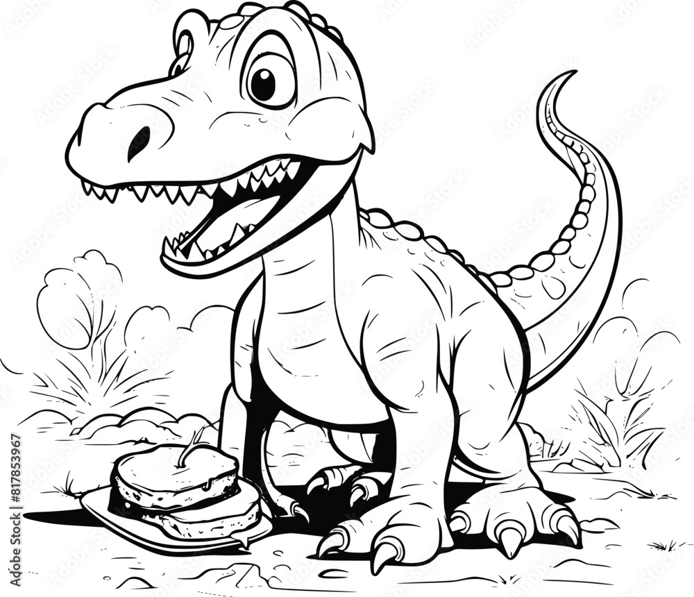 Fototapeta premium Dinosaur With Meat In Its Mouth Coloring Page for Kids
