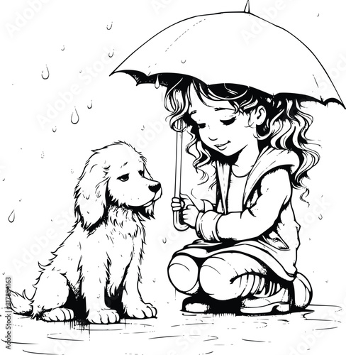 Dog And Girl On A Rainy Day Coloring Pages Drawing For Kids 