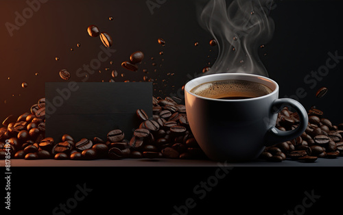 Black coffee banner. Cup of coffee and coffee beans. Blank space to add label  text  logo. Mockup template. Ai generative