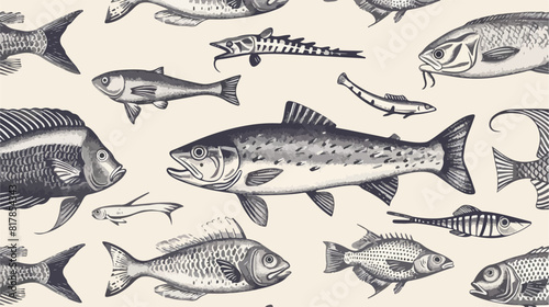 Elegant seamless pattern with different types of fish