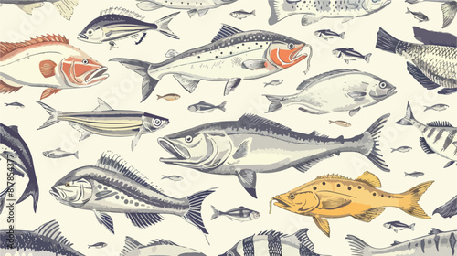 Elegant seamless pattern with different types of fish