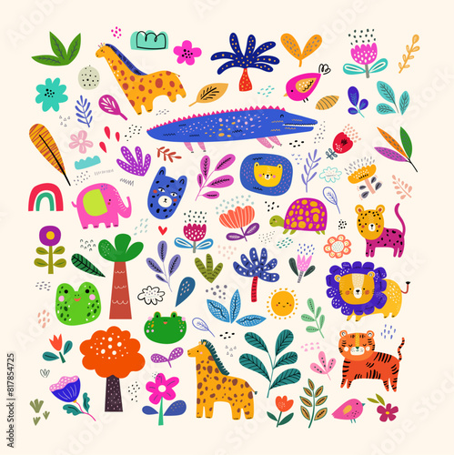 Vector creative cartoon collection with funny flowers  animals and trees. Modern floral stickers