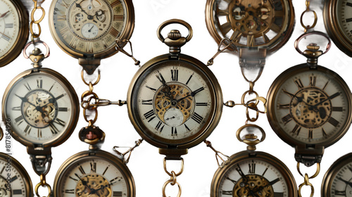 Series of Antique Pocket Watches Arranged on transparent background