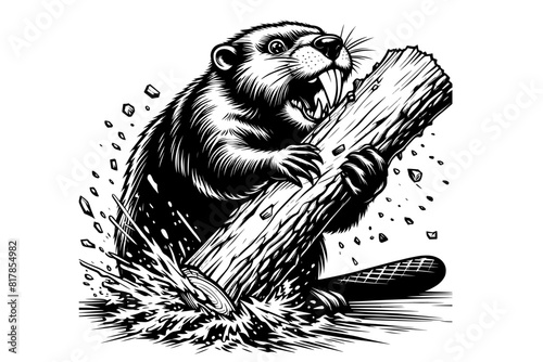 Funny beaver gnawing a tree trunk monochrome clip art. Vector illustration