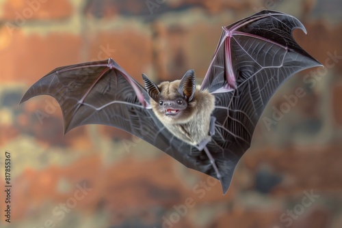 Close-up of a bat with outspread wings flying against a blurred background. photo