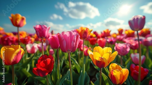 Vibrant tulip field in full bloom  colorful flowers stretching to the horizon under a bright sky