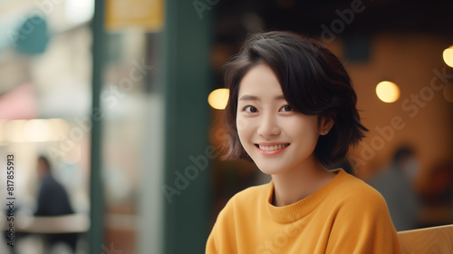 portrait of a pretty asian woman, smiling in a cafe, enjoying her afternoon 