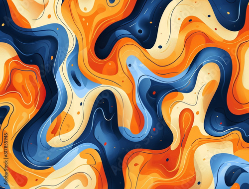 Abstract background, swirling shapes, and fluid lines in blue, orange, white, and yellow on dark background.