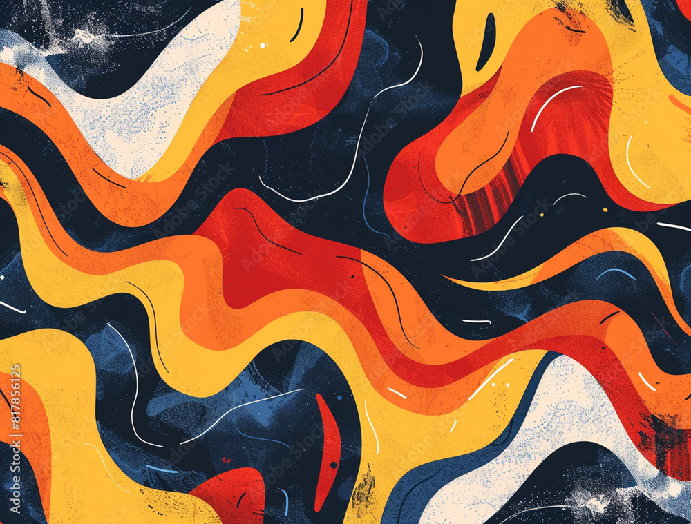 Obraz premium Abstract background with waves and curves, with a scheme, and lines creating fluid shapes, in the style of modern art, with an emphasis on bold colors like orange, yellow, red, blue,