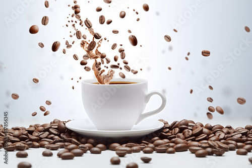 mockup a cup of coffee with flying coffee beans