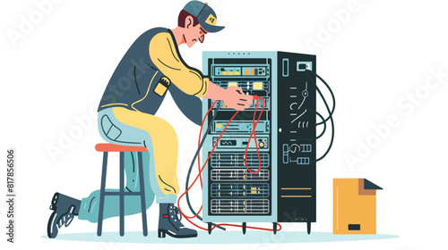 Engineer repairing server adjusting network connection