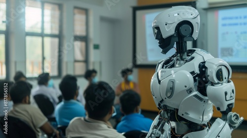 Humanoid Robot Giving Presentation to Students in Classroom