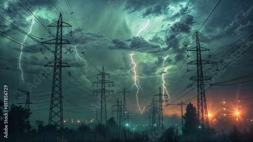Emerald Fury: Intense Lightning Storm Over Electrical Grid at Night