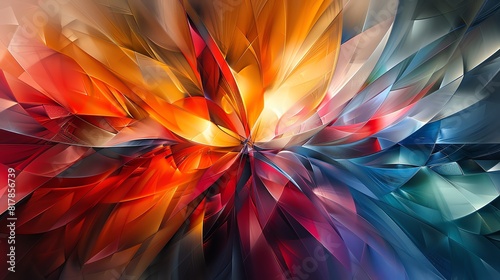 Abstract geometric shards, vibrant colors and sharp angles creating a dynamic effect
