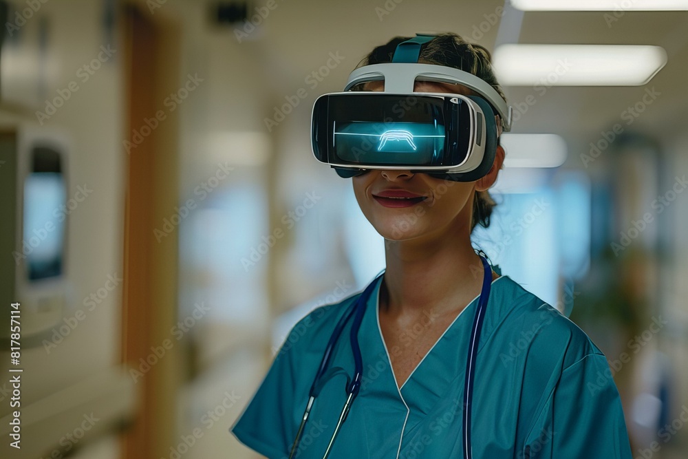 Woman in scrubs experiencing virtual reality