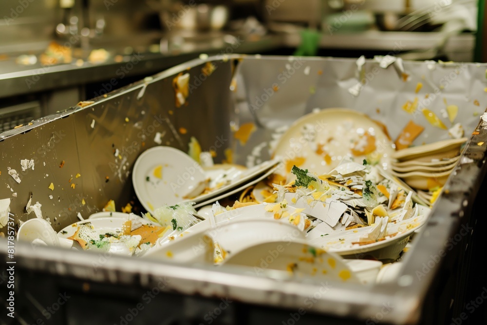 A bin filled with broken plates and food waste in a commercial kitchen, highlighting waste and the aftermath of food preparation. A bin filled with broken plates and food waste in a commercial kitchen, highlighting waste and the aftermath of food preparation.