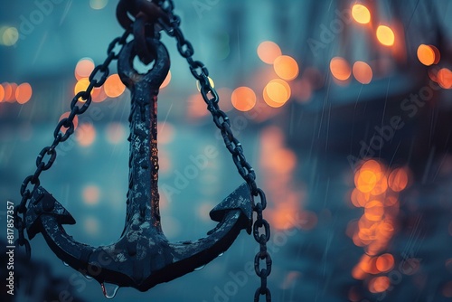 An anchor hanging from a chain in the rain photo