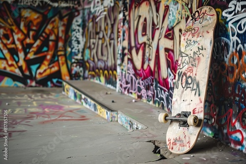 A skateboard leaning against a wall in an urban setting with vibrant graffiti covering the surrounding surfaces. © studioworkstock