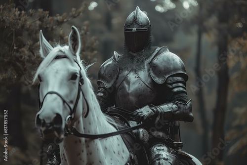 A man in full armor riding a horse photo
