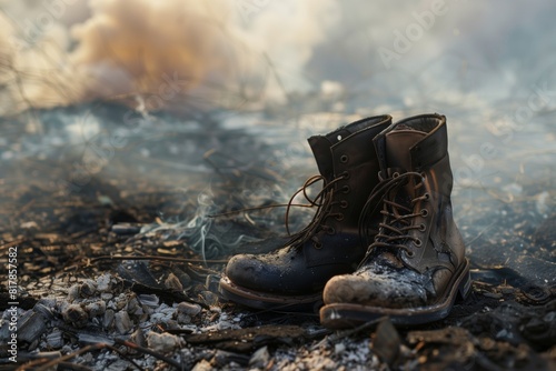 Two abandoned boots on a scorched, smoky ground with burnt debris, conveying themes of destruction and aftermath.