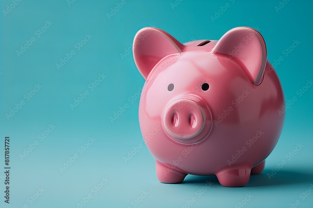 Pink piggy bank with a blue background Pink piggy bank with a blue background