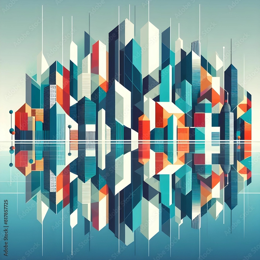 Naklejka premium Stylized, geometric cityscape, reflecting in water, vector illustration