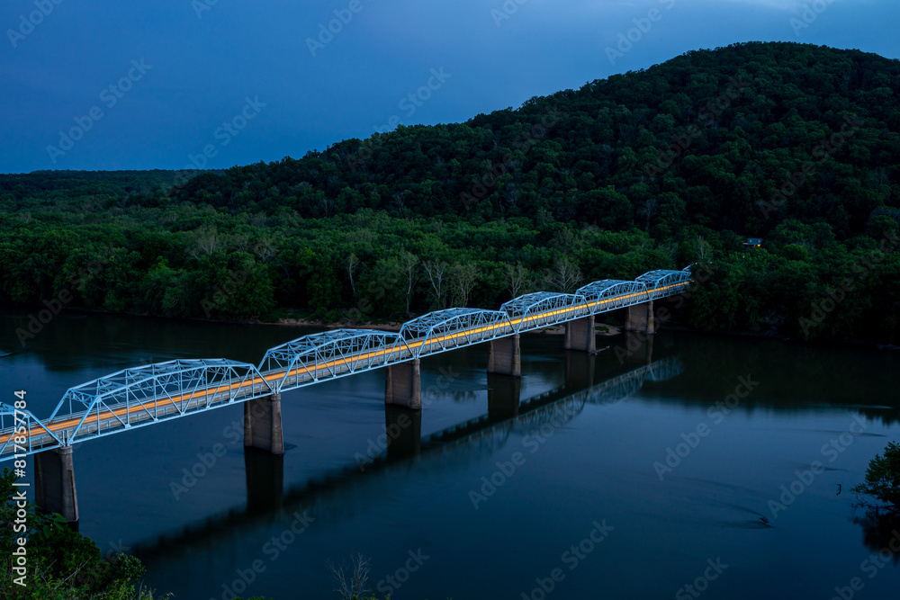 Bridge over Shenandoah River in Virginia USA at dawn with light trails Bridge over Shenandoah River in Virginia USA at dawn with light trails