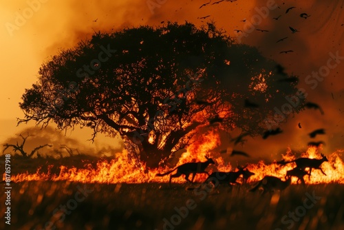 A dramatic scene of wildlife escaping a wildfire with birds flying overhead and a large tree engulfed in flames amidst a blazing landscape.