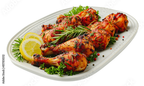 Grilled chicken drumsticks with lemon and herbs on white plate, cut out - stock png.