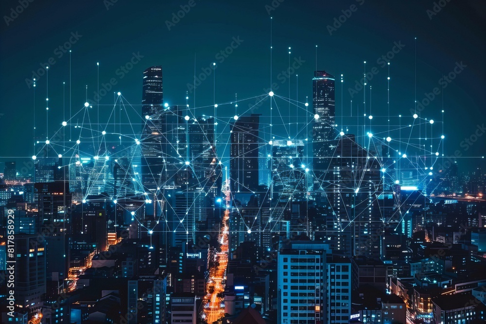 City with interconnected lines and dots City with interconnected lines and dots
