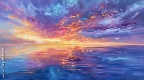 Majestic sunrise over calm waters  with vibrant hues painting the sky