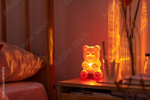 Cozy bedroom with a cute illuminated teddy bear lamp on a nightstand, casting a warm glow. Surrounding items include flowers and books.