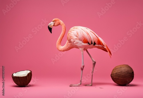 flamenco con un coco abierto sobre un fondo de color rosado photo