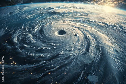 A hurricane seen from space with a bright light on the ground photo