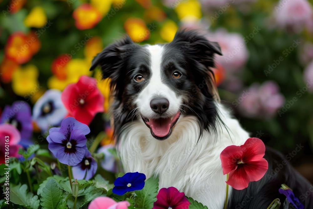 A happy black and white dog sitting among vibrant, colorful flowers in a garden. The dog is looking at the camera with a cheerful expression.