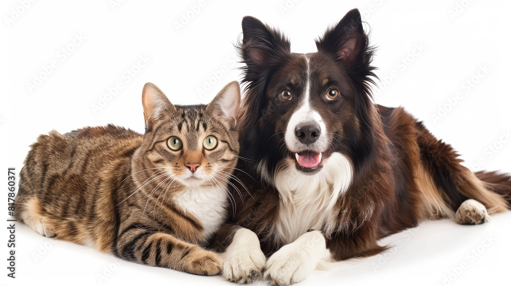 A cat and a dog are laying on a white background. The cat is looking at the camera and the dog is looking away A cat and a dog are laying on a white background. The cat is looking at the camera and the dog is looking away