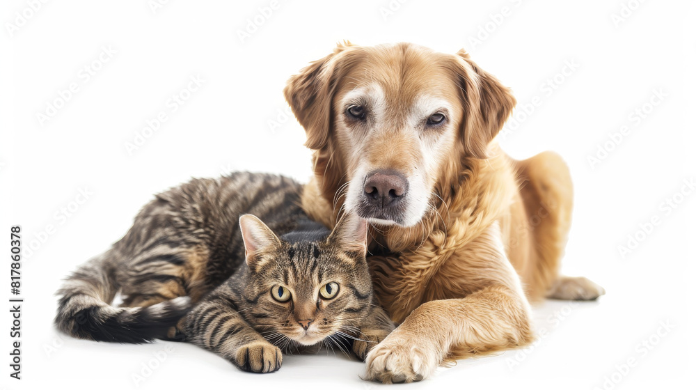 A cat and a dog are laying on a white background. Concept of warmth and companionship between the two animals