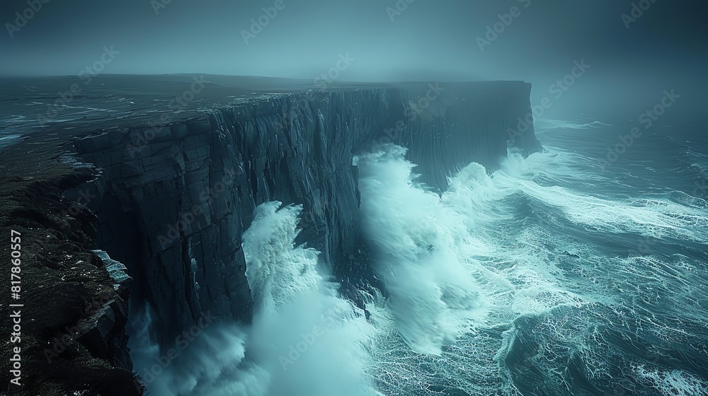 Dramatic cliffside with crashing waves, rugged coastline and a stormy sky Dramatic cliffside with crashing waves, rugged coastline and a stormy sky